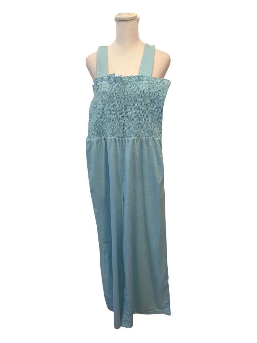 Anrabess SizeS Light Blue Smocked Bodice Jumpsuit with Flowy Wide Legs Worn Once